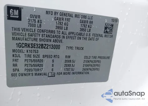 2011 Chevrolet Silverado 1500 Lt из США, поврежденный, VIN 1GCRKSE32BZ213000